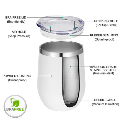 VEGOND Wine Tumblers Bulk 12 Pack, 12oz Stainless Steel Stemless Wine Glass with Lids and Straws, Double Wall Vacuum Insulated Tumbler Cup, Coffee Mug for Cold Hot Drinks