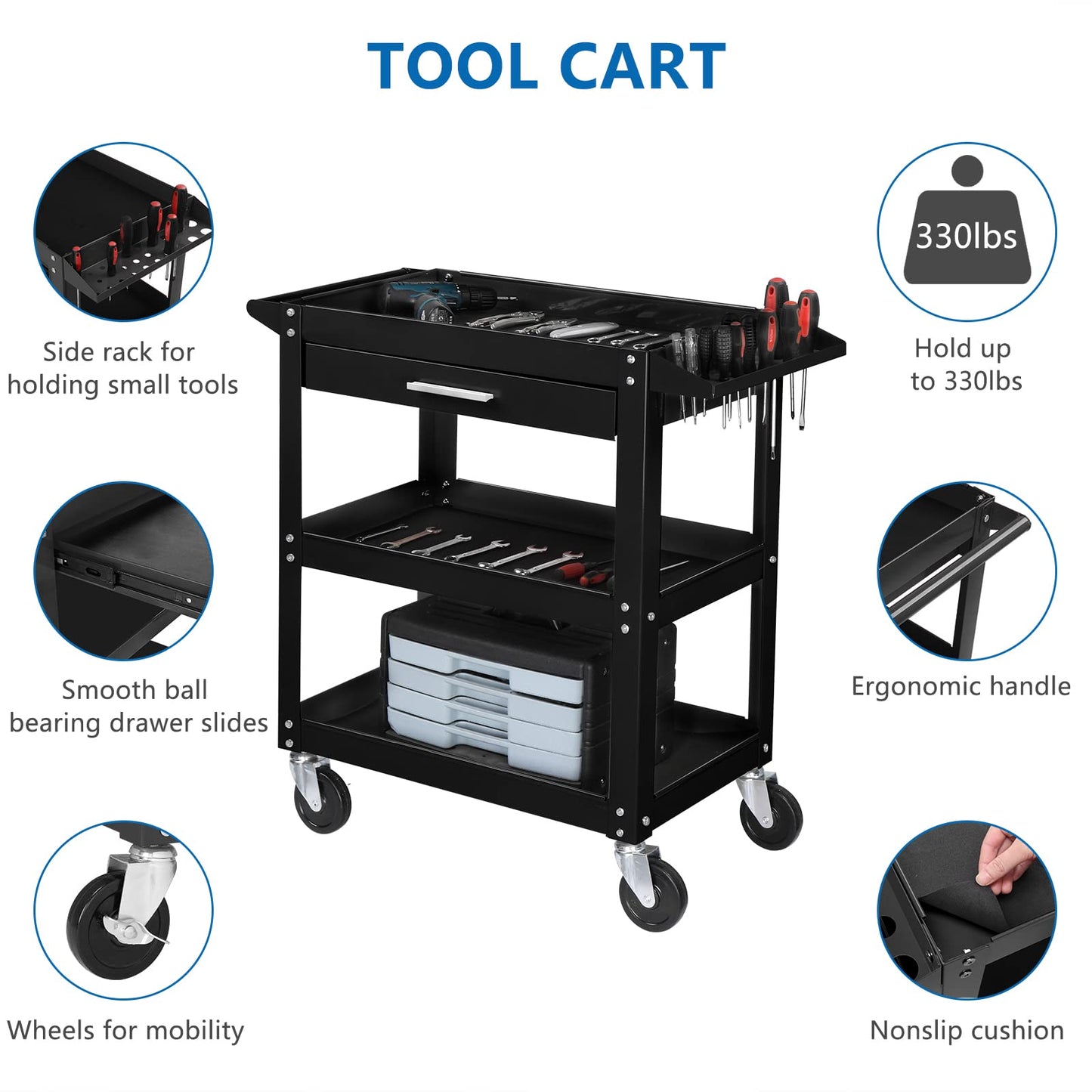 TUFFIOM 3 Tier Rolling Tool Cart with Drawer, Tool Service Cart on Wheels w/2 Brake, 330 LBS Capacity Industrial Heavy Duty Utility Cart, Tool Organizer for Mechanic, Garage, Warehouse & Repair Shop
