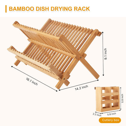 Worthyeah Bamboo Dish Drying Rack, 2 Tier Collapsible Dish Rack with Utensil Holder, Wooden Dish Drying Rack for Kitchen Counter, Large Folding Drying Holder, Dish Drainer 34 pcs Grid
