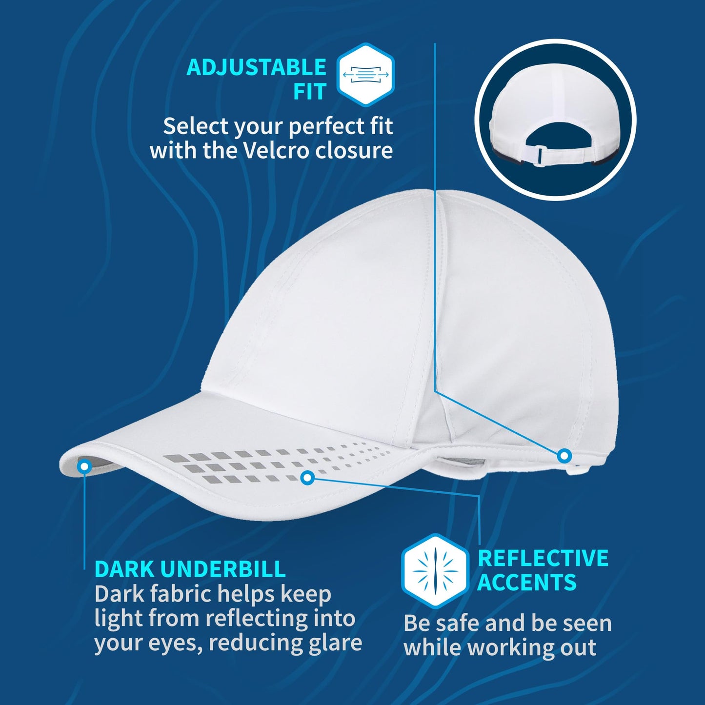 TrailHeads Men's Running Cap with UV Protection, Lightweight & Quick Drying Performance Sports Hat, UPF 50, Adjustable Fit - White/Reflective