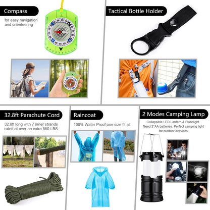 Emergency Survival Kit, 151 Pcs Survival Gear First Aid Kit, Outdoor Trauma Bag with Tactical Flashlight Knife Pliers Pen Blanket Bracelets Compass for Camping Earthquake or Adventures (Black)