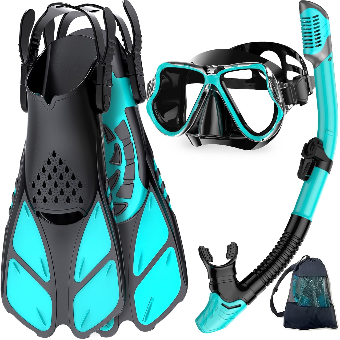 Zenoplige Mask Fins Snorkel Set, Snorkeling Gear for Adults, Panoramic View Snorkel Mask Anti-Fog, Adjustable Dive Flippers, Dry Top Snorkel and Travel Bag, Scuba Gear for Swimming Snorkeling Diving
