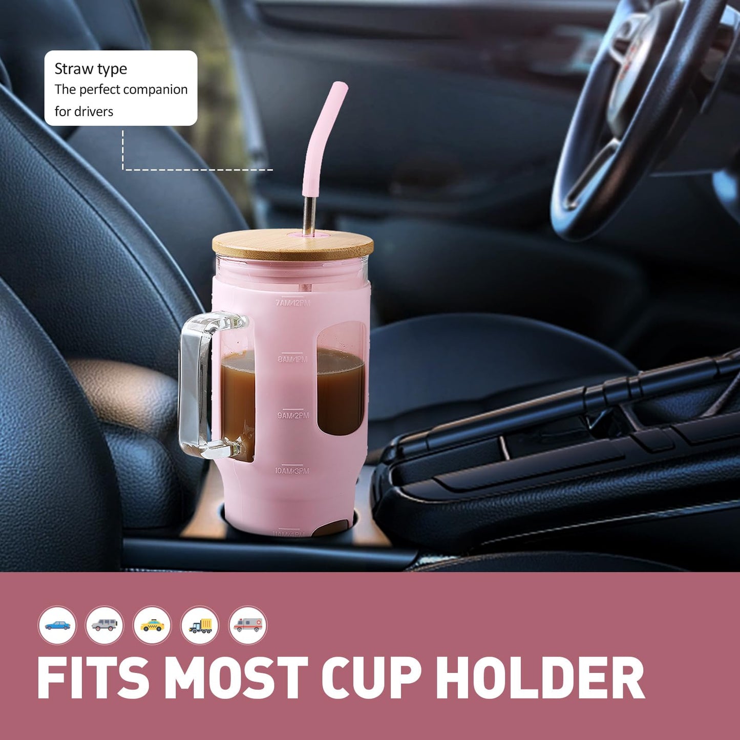 WINSA Glass Tumbler with Straw and Lid, 32 oz Glass Cup with Handle, Glass Water Bottles with Time Marker, 2 Straws - Pearl Straw & Drinking Straw Silicone Protective Sleeve-Pink