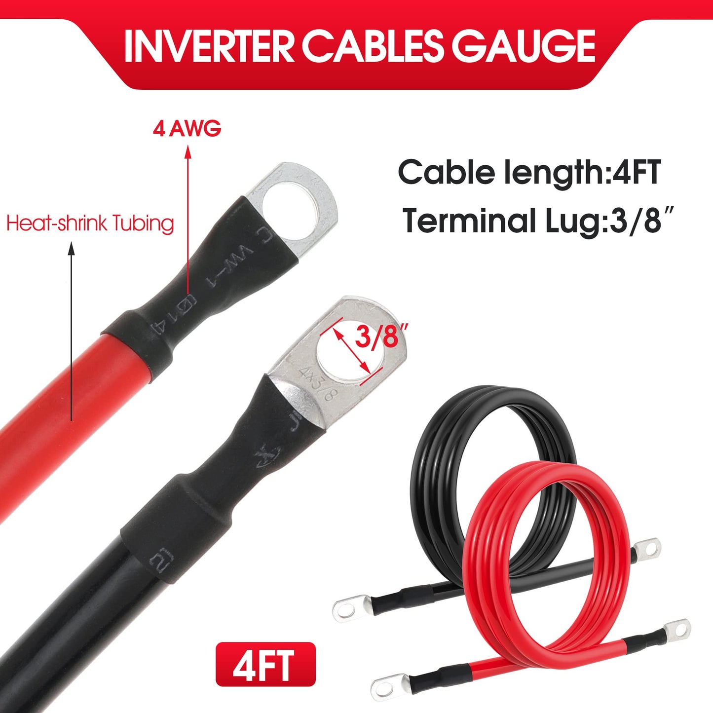 4 AWG Battery Cable 4AWG Gauge Pure Copper Battery Inverter Cables with 3/8 in Lugs Both Ends Power Inverter Wire Set for Automotive Solar Marine Boat RV Car Motorcycle Red and Black (4FT)