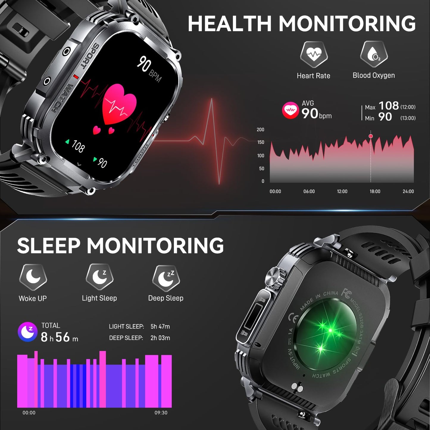 Bassizo Military Smart Watch for Men 3ATM Waterproof with Call/LED Flashlight 2.02" HD Big Screen Rugged Tactical Smartwatch with Compass Fitness Tracker with HR/SPO2/Sleep Monitor for iPhone Android