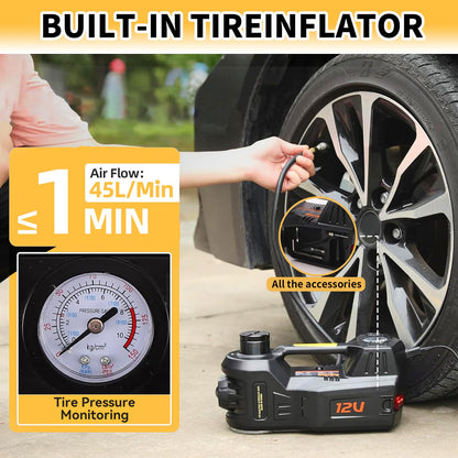 ROGTZ Electric Hydraulic Car Jack Kit 5 Ton 12V Portable Lift Range 17.7 Inch with Impact Wrench and Tire Inflator Pump for SUV Sedan Truck Car Repair Floor Jack for Vehicle Tire Change with LED Light