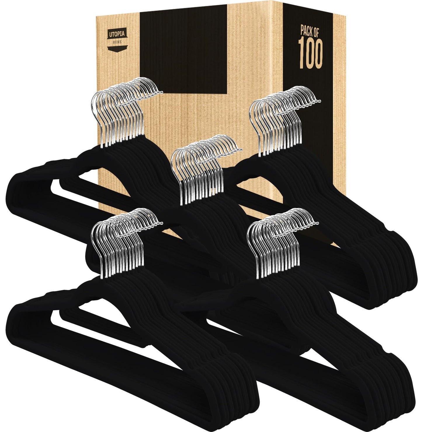 Utopia Home Premium Velvet Hangers 100 Pack - Non-Slip Clothes with Tie Bar - Black Hangers with 360 Degree Rotatable Hook - Heavy Duty for Coat