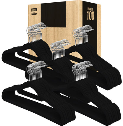 Utopia Home Premium Velvet Hangers 100 Pack - Non-Slip Clothes with Tie Bar - Black Hangers with 360 Degree Rotatable Hook - Heavy Duty for Coat
