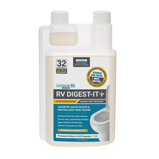 Unique RV Digest-It Ultra - 32 Super Concentrated RV Toilet Treatments - Eliminates Smells and Liquifies Waste, Easy-Measure Extra-Strength Bio-Enzymatic Holding Tank Treatment (32 oz)