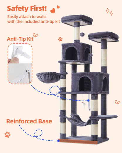 Taoqimiao Cat Tree, 66.2-Inch Cat Tower for Indoor Cats, Plush Multi-Level Cat Condo with 7 Scratching Posts, 2 Perches, 2 Caves, Hammock, 2 Pompoms, Smoky Gray MS013G