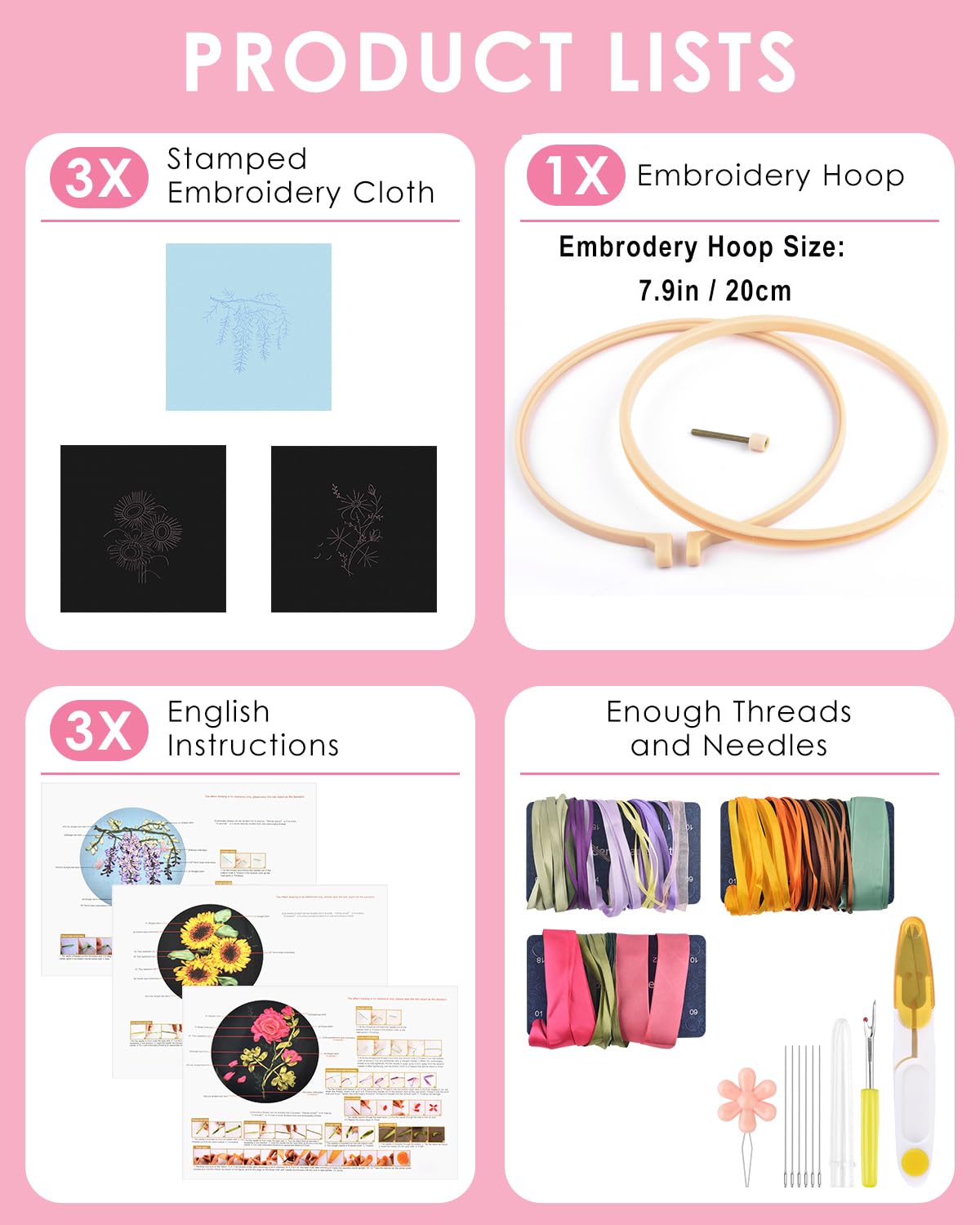 TINDTOP Embroidery Kit for Adult, Ribbon Embroidery Kit for Beginners for Craft Lover Hand Stitch with Embroidery Skill Techniques (Flowers)