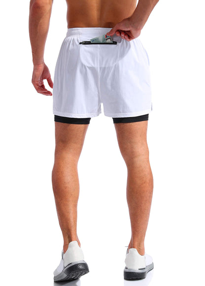 Pudolla Men’s 2 in 1 Running Shorts 5" Quick Dry Gym Athletic Workout Shorts for Men with Phone Pockets(White Medium)