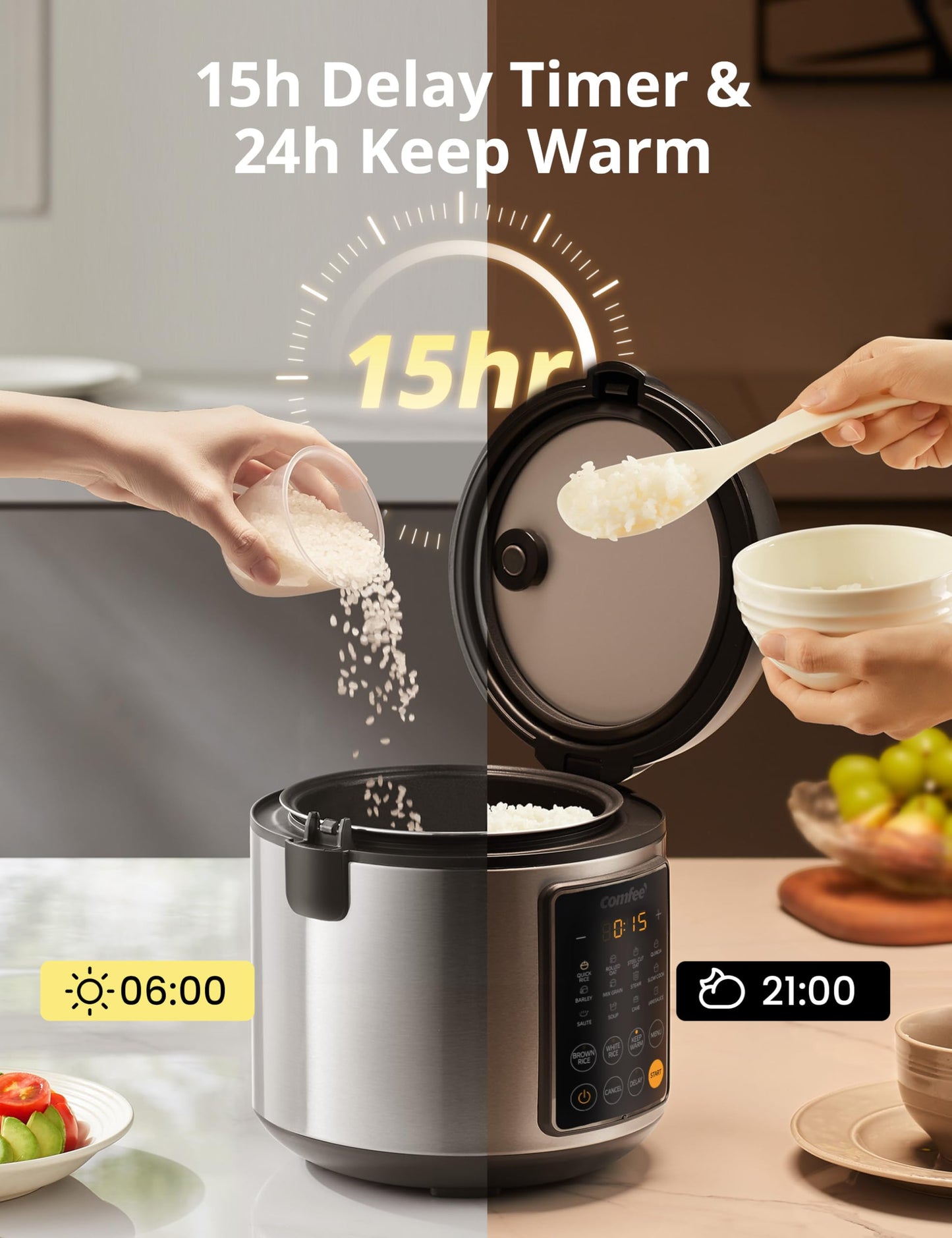 COMFEE' Rice Cooker, 14-in-1 Stainless Steel Multi Cooker, Slow Cooker, Steamer, Sauté, and Warmer, 5.3 QT, 20 Cups Cooked (10 Cups Uncooked), Brown Rice, Quinoa and Oatmeal