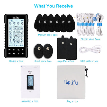 Belifu 4 Independent Channel TENS EMS Unit, 24 Modes,30 Level Intensity Muscle Stimulator Machine, Rechargeable Electric Pulse Massager with 10 Pads&5 Set Leads Wires, for Pain Relief Therapy(Black)