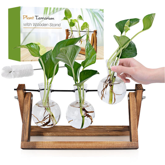 Renmxj Plant Propagation Station, Plant Terrarium with Wooden Stand, Unique Gardening Birthday Gifts for Women Plants Lovers, Home Office Garden Decor Planter - 3 Bulb Glass Vases