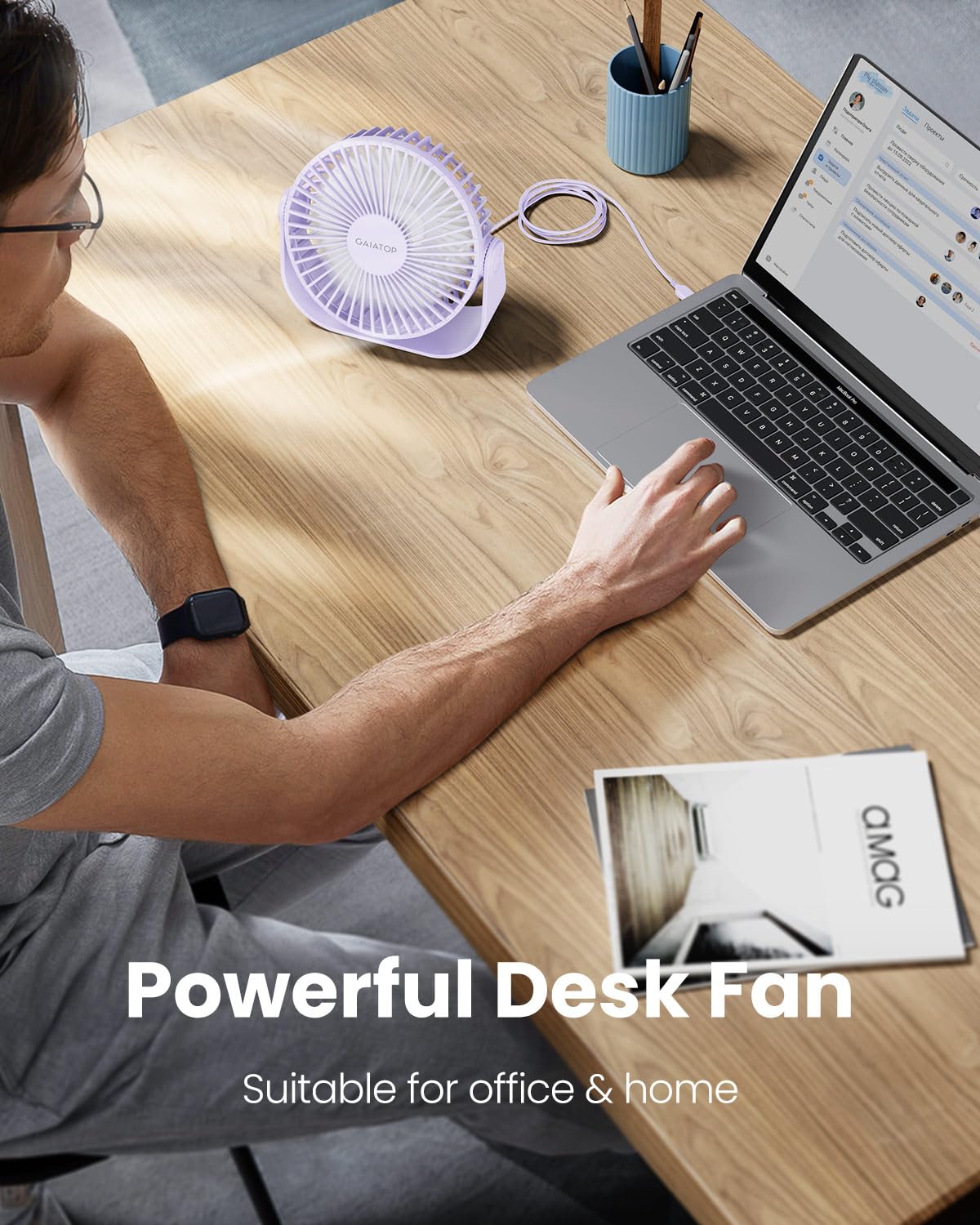 Gaiatop USB Desk Fan, 3 Speeds Strong Airflow, 5.5 Inch Portable 90° Rotate Quiet Cooling, Small Personal Table Fans for Bedroom Home Office Travel Purple