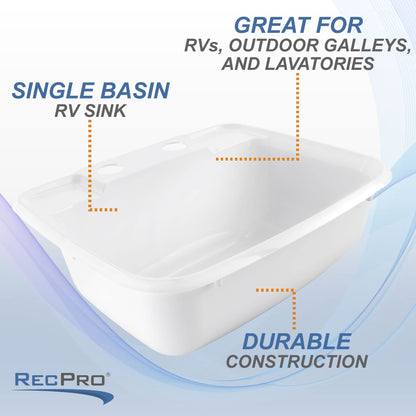 RecPro Rectangle RV Bathroom Sink | Single Bowl Lavatory Sink | Camper Basin | Plastic (White)