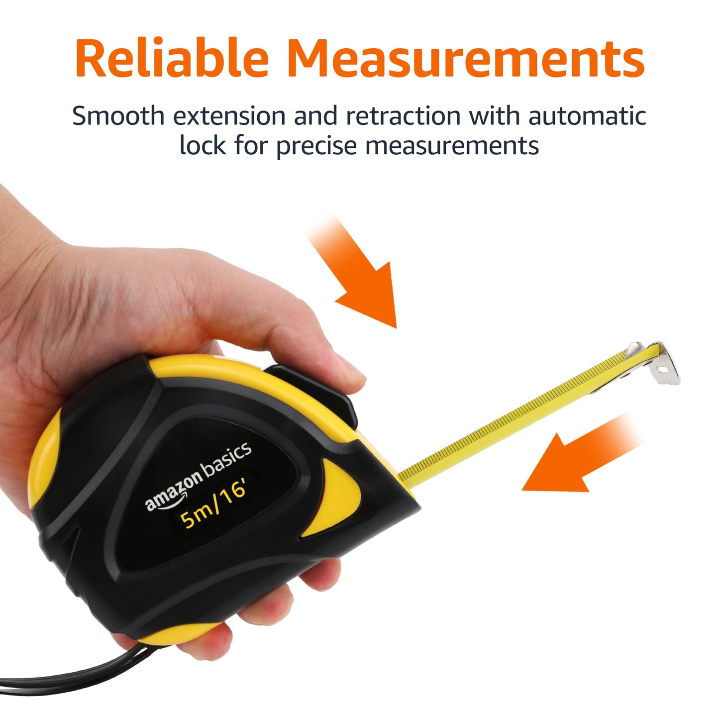 Amazon Basics Self-Locking Tape Measure, MID Accuracy, 16-Feet (5-Meters), Black, Yellow