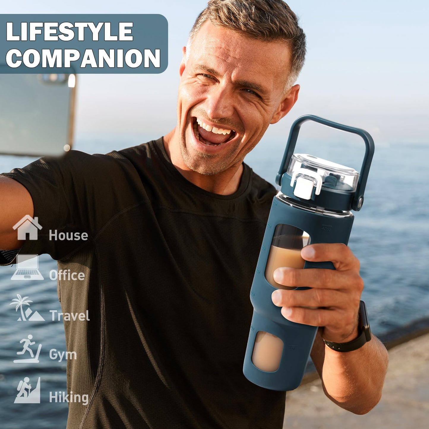 BLUEGO 40 oz Glass Water Bottles with Straw Time Marker, Glass Tumbler with Handle Top Lids, Easy to Clean, Fits in Car Cup Holder, Leakproof Jug for Gym, Sports, Workout & Daily, Dark Blue