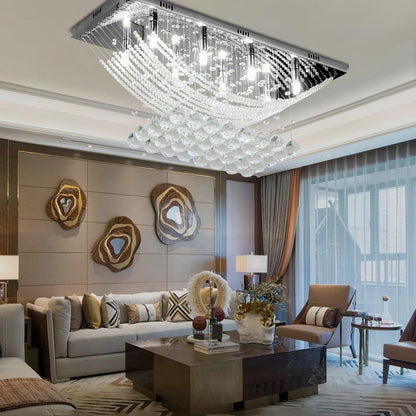 Silver Rectangle Crystal Raindrop Chandelier for Living Room, 8 Lights Modern Flush Mount Crystal Ceiling Light Fixture Pendant Lamp for Kitchen Island, Dining Room, Closet, Wedding Decor of CRYSTOP