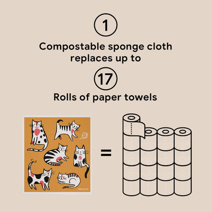 RECYCO Swedish Dishcloths for Kitchen | 6 Pack Cuddly Cats Washable Dish Rags | Cellulose Reusable Cleaning Paper Towels | Absorbent Counter Dish Cloth Sponge Kitchen Wipes, 8" L x 7" W