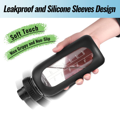 EALGRO 32 oz Glass Water Bottle with Straw and Handle, Sports Motivational Water Flask with Silicone Sleeve, Large Leakproof Water Flask Cup with Time Marker for Travel, Gym, Black