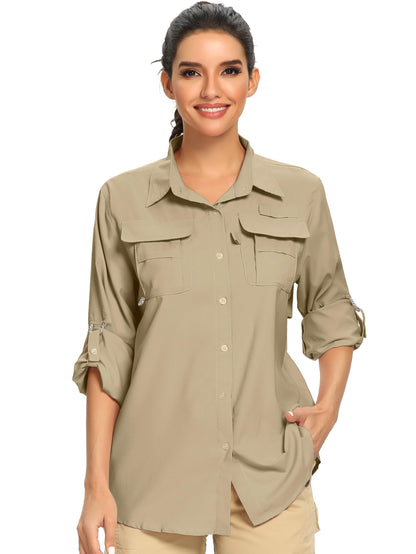 Women's UPF Long Sleeve Fishing Shirts Button Up Hiking Safari Shirts Sun Protection and Quick Dry,Khaki,XXXL