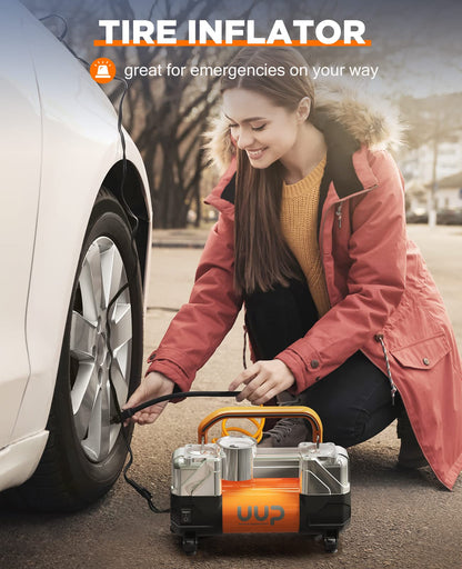 UUP Tire Inflator Air Compressor, 150PSI 12V DC Double Cylinders Heavy Duty Portable Air Pump w/Emergency LED Light for Truck, SUV, Car, RV