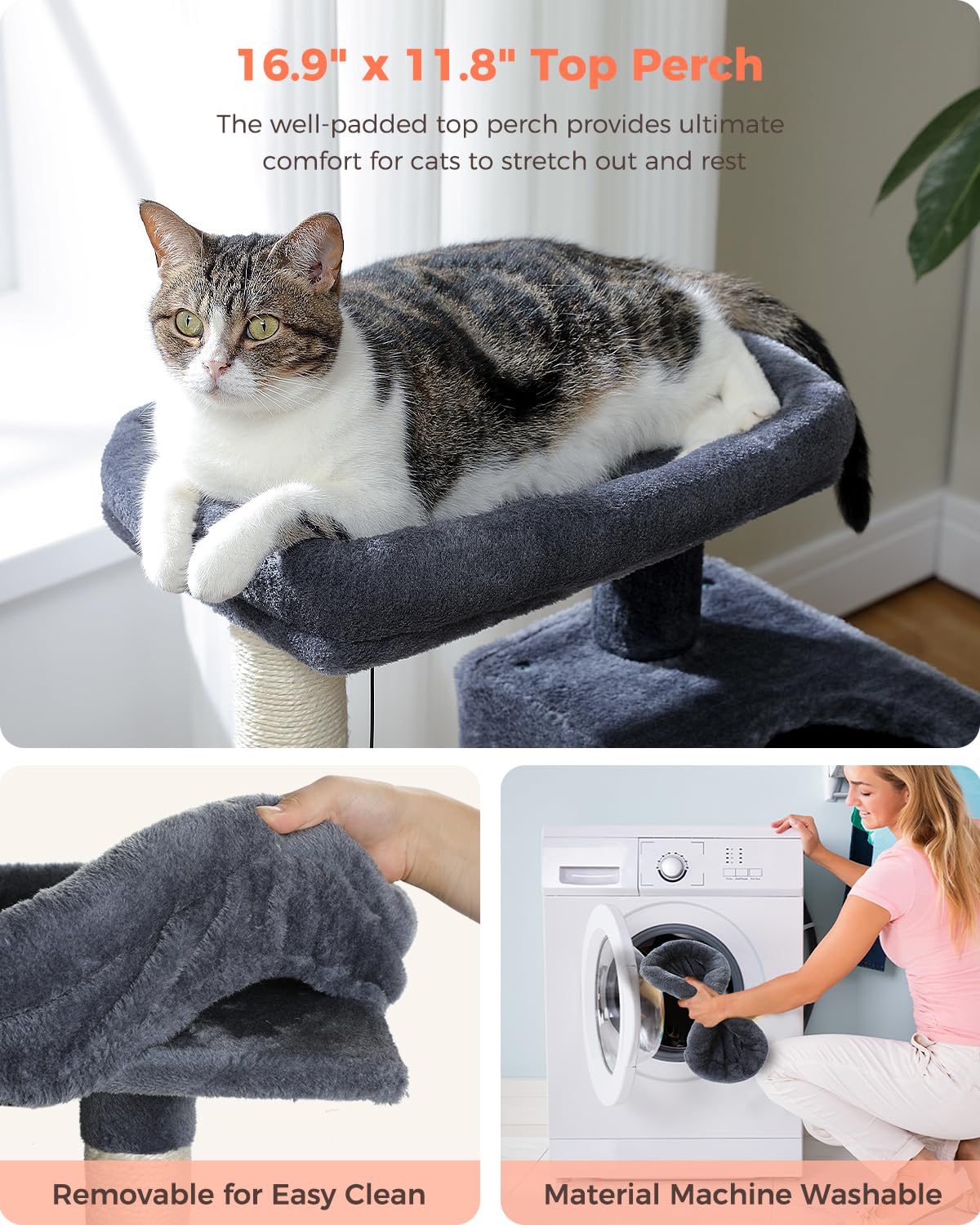 UYMI 32" Cat Tree Tower for Indoor Cats - 2 Cozy Condos, Multi-Level Cat Scratching Posts with Sisal, Soft Padded Perch, 2 Dangling Toys, Dark Grey