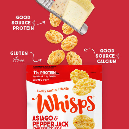 Whisps Cheese Crisps Asiago & Pepper Jack | Protein Chips | Healthy Snacks | Protein Snacks, Gluten Free, High Protein, Low Carb Keto Food (2.12 Oz, 6 Pack)