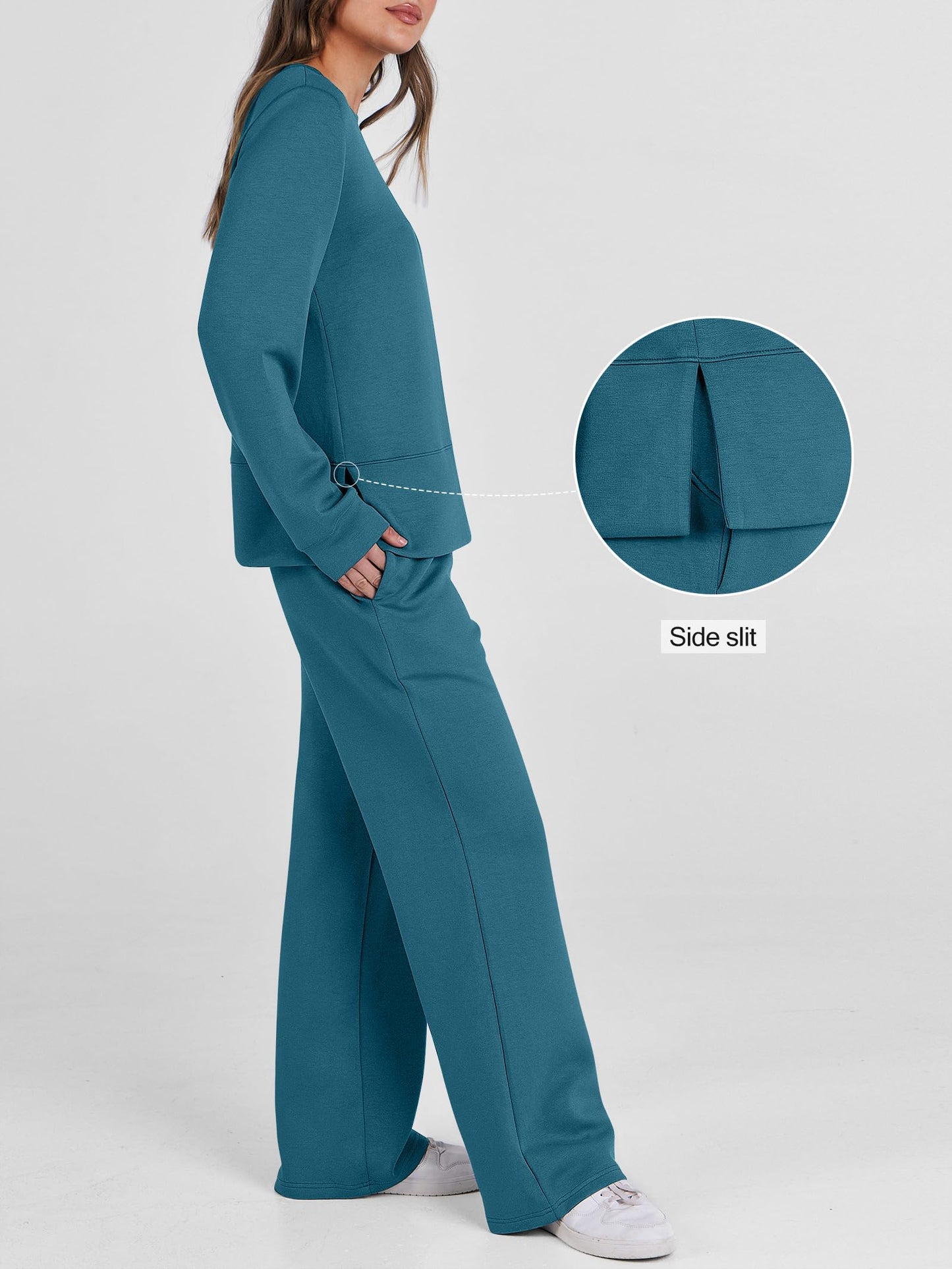 ANRABESS Women's 2 Piece Lounge Sets Casual Travel Outfits Wide Leg Tracksuit Sweatsuits Matching Set 2025 Fall Clothes Teal Medium