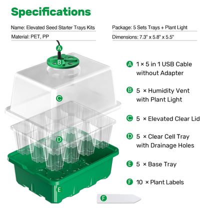 Bonviee 5 Packs Seed Starter Tray with Plant Light, Elevated Seedling Starter Trays Kits with Adjustable Humidity Domes and Clear Cell Tray, 12 Full Spectrum led lamp Beads for Plants Indoor-Green