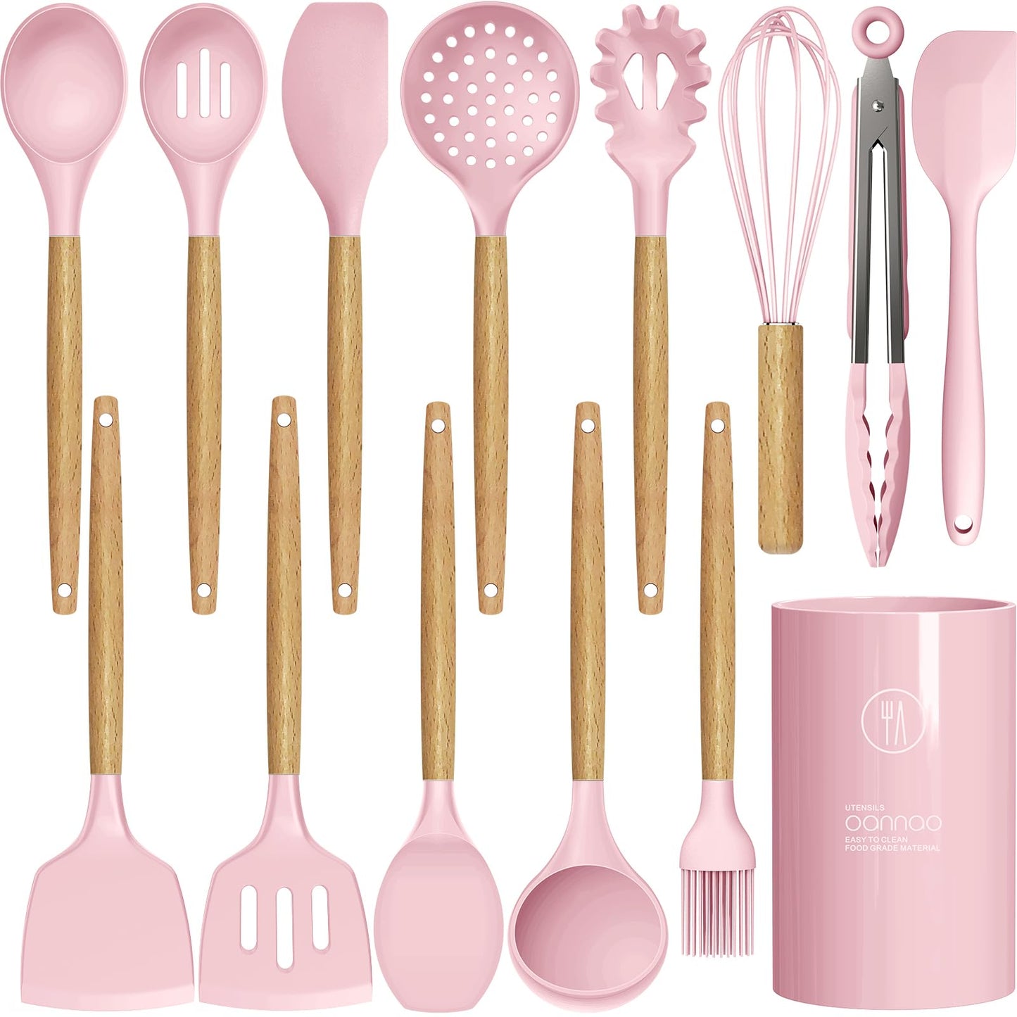 Silicone Kitchen Utensils Set - 446°F Heat Resistant Cooking Utensil Sets, Spatula,Turner,Tongs,Spoon,Brush,Whisk, Wooden Handle Silicone Kitchen Gadgets Tools for Non-Stick Cookware BPA Free (Pink)