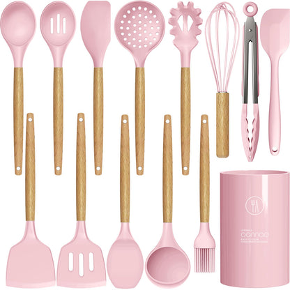 Silicone Kitchen Utensils Set - 446°F Heat Resistant Cooking Utensil Sets, Spatula,Turner,Tongs,Spoon,Brush,Whisk, Wooden Handle Silicone Kitchen Gadgets Tools for Non-Stick Cookware BPA Free (Pink)