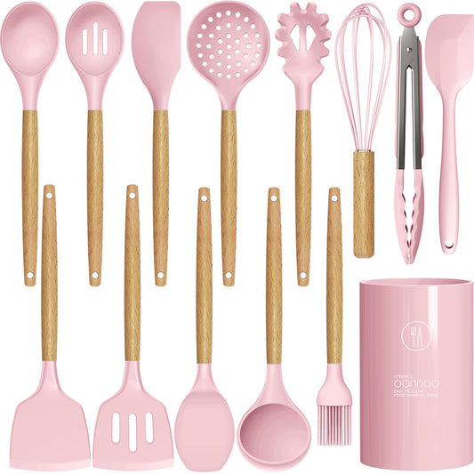 Silicone Kitchen Utensils Set - 446°F Heat Resistant Cooking Utensil Sets, Spatula,Turner,Tongs,Spoon,Brush,Whisk, Wooden Handle Silicone Kitchen Gadgets Tools for Non-Stick Cookware BPA Free (Pink)