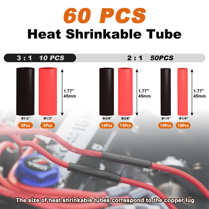 Sanuke Battery Cable Lug Crimping Tool Kit with Cable Cutter 60pcs Ring Terminals 60pcs Heat Shrink Tubing and A Bag, Wire Crimper for AWG 10-1/0 Electrical Lug