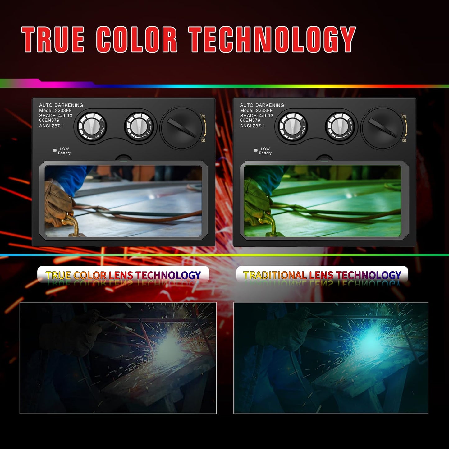 TRQWH Welding Helmet with Light True Color Auto Darkening Welding Helmets for Men Solar Powered Welding Hood with 2 Arc Sensor Wide Shade 4/9-13 for TIG MIG ARC Cool Welder Mask (TRQ-HD12)