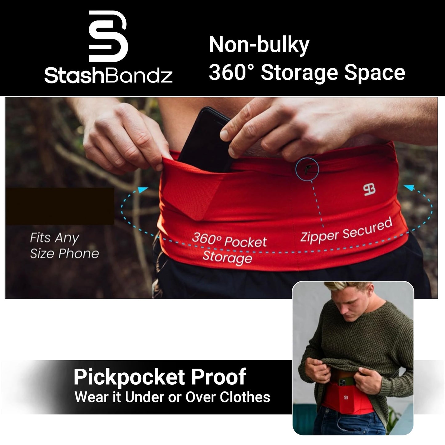 Unisex Travel Money Belt, Running Belt, Fanny and Waist Pack with Large Security Pockets and Zipper, Fits All Size Phones Passport and More
