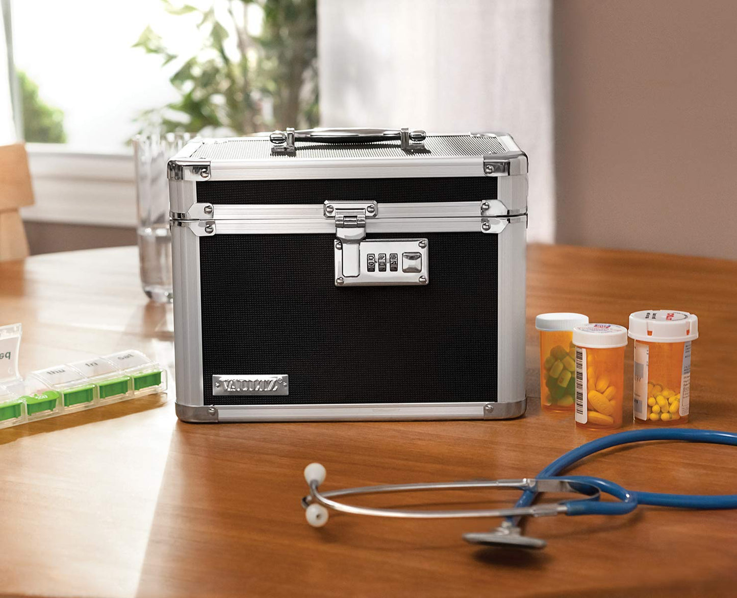 Vaultz Secure Security Lock Boxes - Safe Combination Lock Box, Storage for Documents, Valuables, Medicine & Money - 9.88 x 7.75 x 7 Inch - Black/Chrome