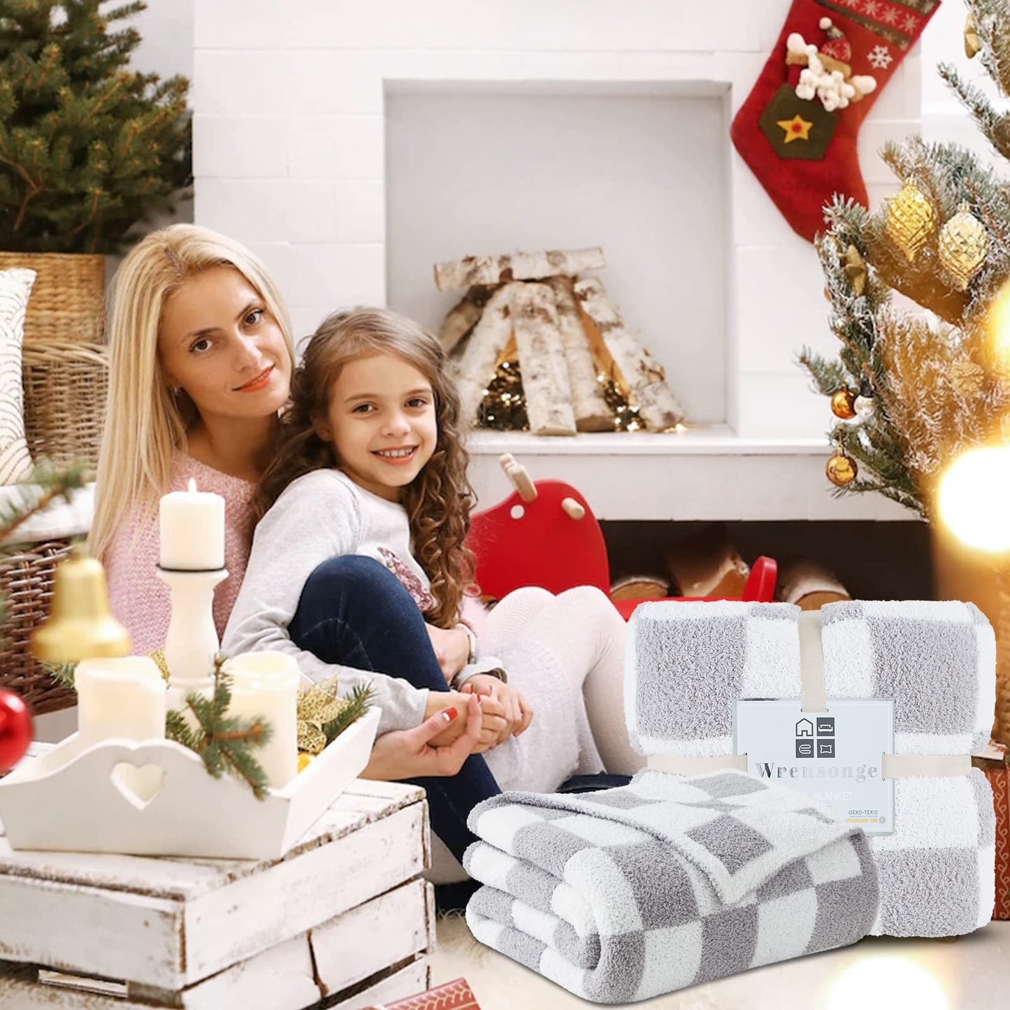 WRENSONGE Checkered Throw Blanket, Light Grey Soft Cozy Fluffy Warm Hand Made Throw Blankets for Couch, Sofa, Chair, Bed, Camping, Picnic, Travel Lightweight Bed Blanket - 50"*70"