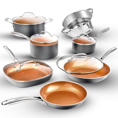 Gotham Steel 12 Pc Ceramic Cookware Set Nonstick, Ceramic Pots and Pans Set Non Stick with Steamer for Cooking, Non Toxic PFOA PFOS Free, Ergonomic Stay Cool Handles, Oven & Dishwasher Safe, Copper