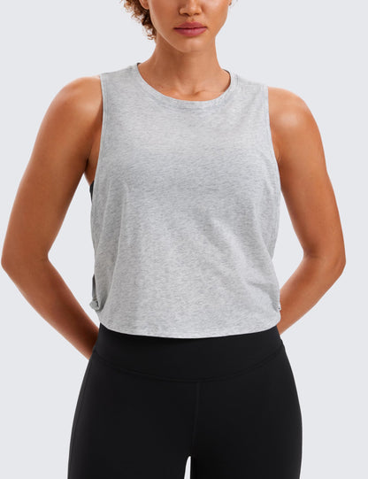 CRZ YOGA Pima Cotton Cropped Workout Tank Tops for Women - Sleeveless Sports Athletic Yoga Running Gym Crop Shirts Light Grey Heather Small
