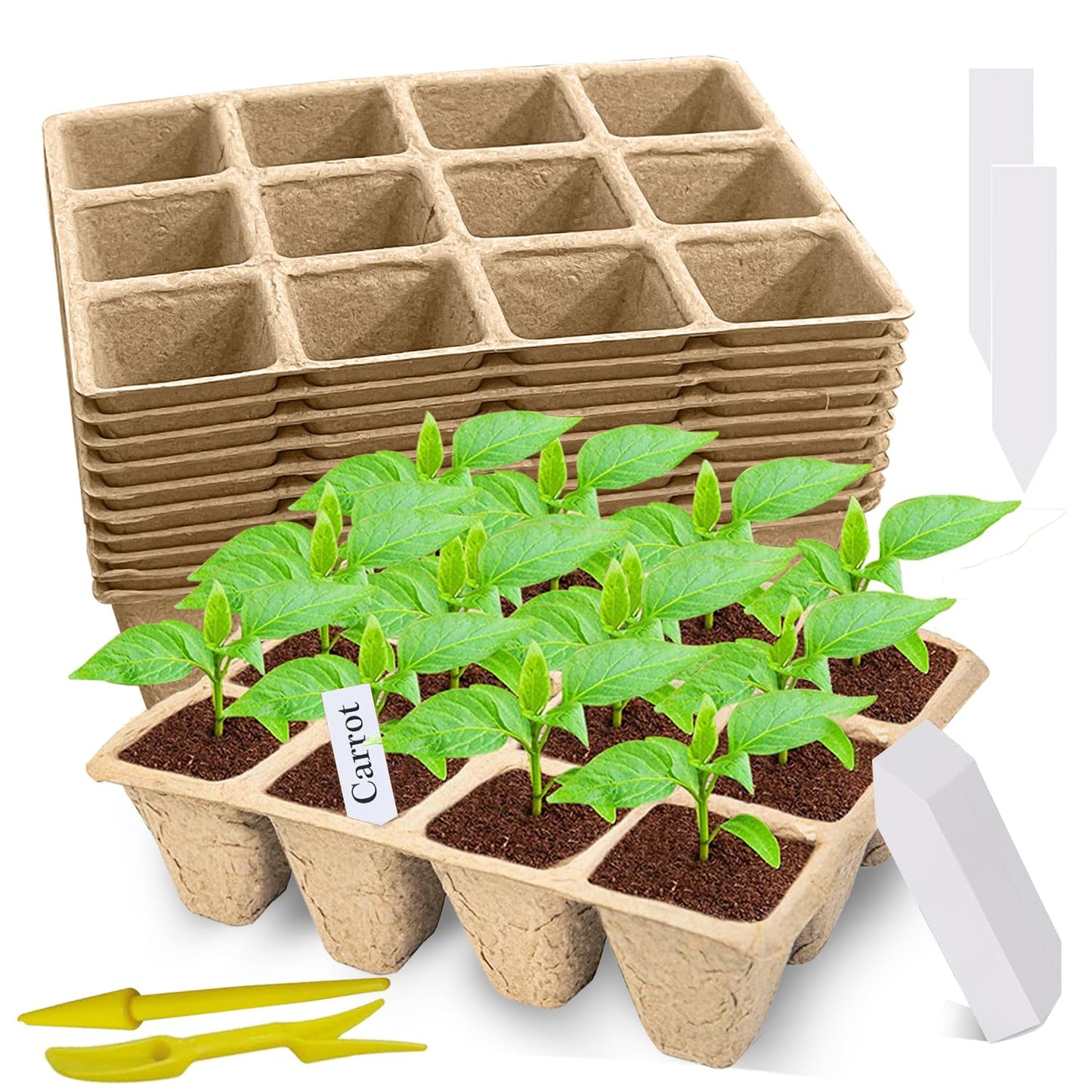 Doubleggs 120 Cells Seed Starter Tray, 10 Pack Biodegradable Peat Pots with 100 Labels, Plant Starter Kit for Seedlings