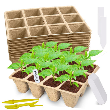 Doubleggs 120 Cells Seed Starter Tray, 10 Pack Biodegradable Peat Pots with 100 Labels, Plant Starter Kit for Seedlings
