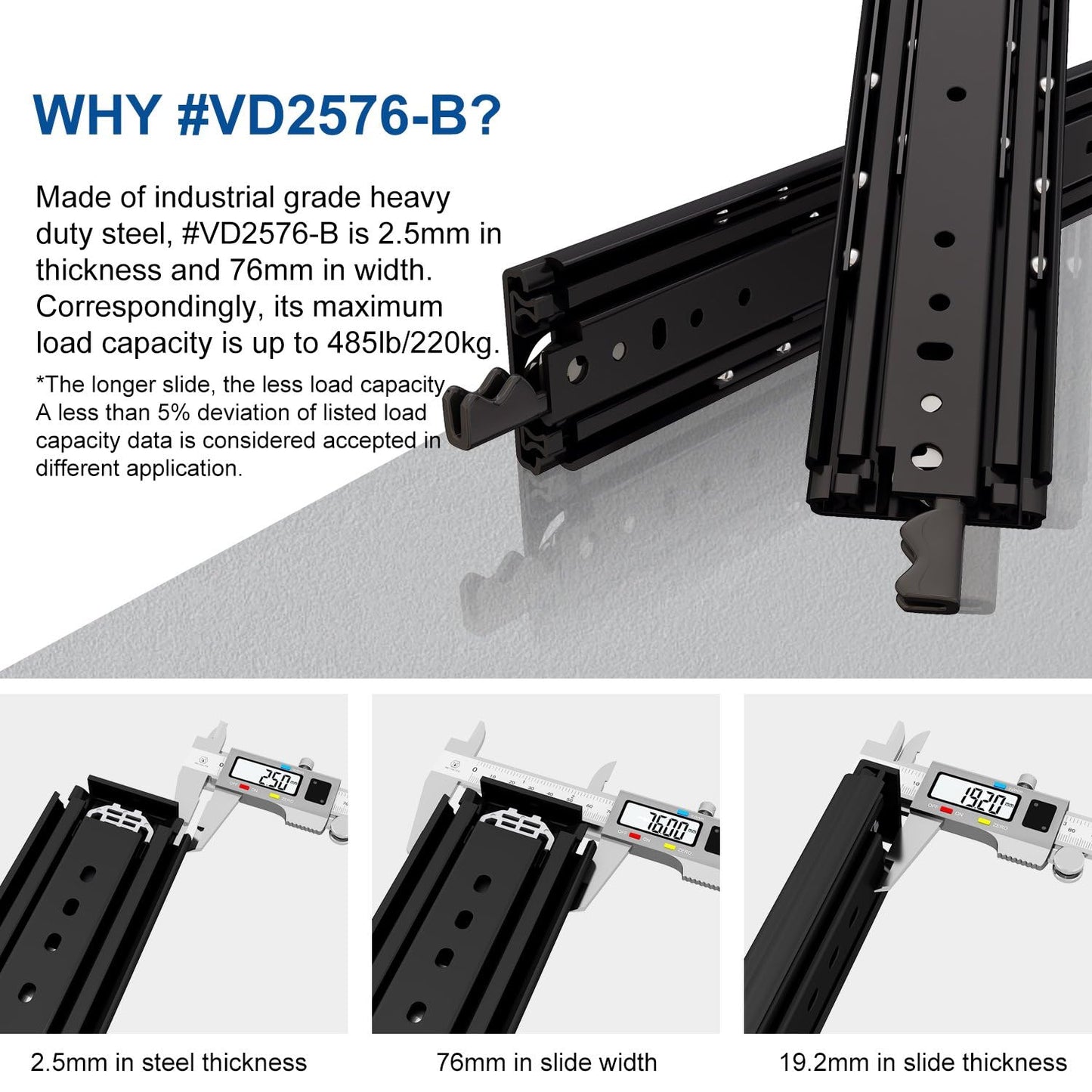 VADANIA 48" Ultra Heavy Duty Drawer Slide with Lock #VD2576-b, 3" Widening Black-electroplated Cold-Rolled Steel, Industrial Grade Heavy Load Capacity, 3-Fold Full Extension, Side Mount, 1-Pair