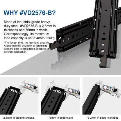 VADANIA 48" Ultra Heavy Duty Drawer Slide with Lock #VD2576-b, 3" Widening Black-electroplated Cold-Rolled Steel, Industrial Grade Heavy Load Capacity, 3-Fold Full Extension, Side Mount, 1-Pair