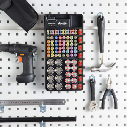 Battery Organizer Storage Case with No Lid Snap, Portable Battery Tester, Just The Right Size Slot with Wall-Mounted Design,Holds 110 Batteries Various Sizes for AAA, AA, 9V, C, D and Butt