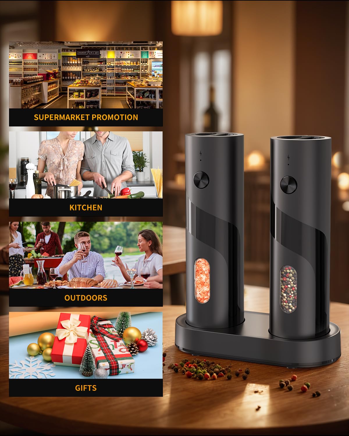 CIRCLE JOY Electric Rechargeable Salt and Pepper Grinder Set Top-Refill Automatic Pepper Mill Grinder with Charging Base, Adjustable Coarseness, Easy Filling Larger Capacity with Led for Home Kitchen