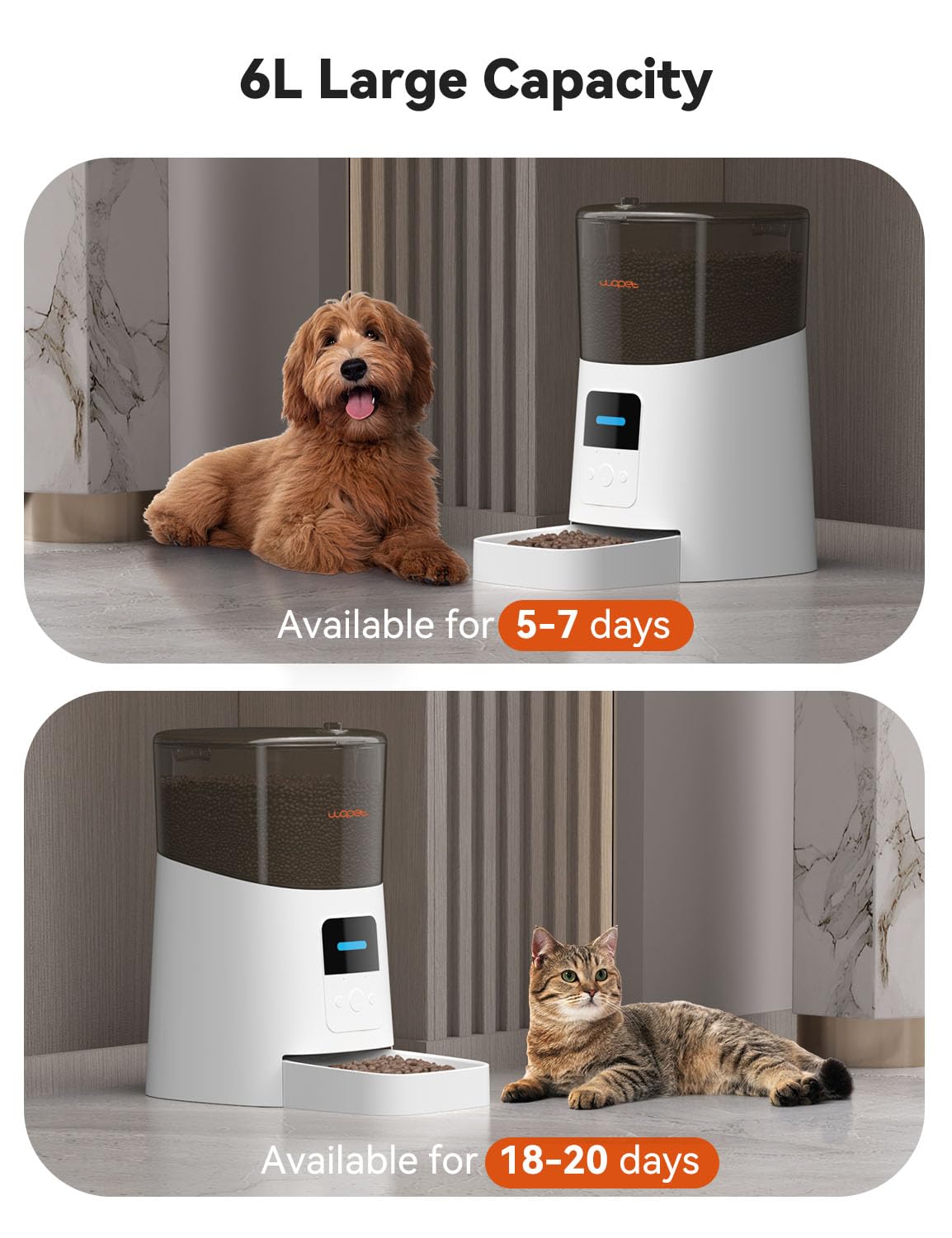 WOPET 6L Automatic Cat Feeder, WiFi Automatic Dog Feeder with APP Control for Remote Feeding, Cat Food Dispenser with Low Food Sensor and Voice Recorder, Up to 15 Meals Per Day