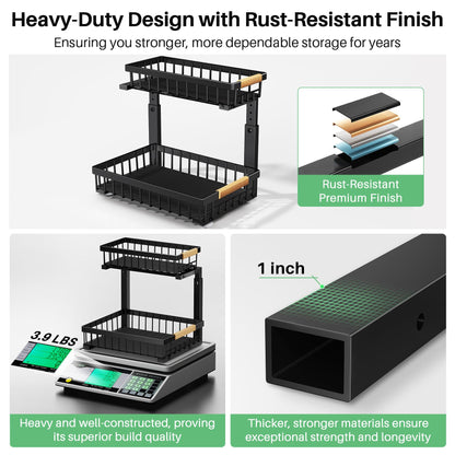 Under Sink Organizer, 2 Packs 2 Tier Under Sink Organizers and Storage, Slide Out Pull Out Cabinet Organizer Shelf, Metal Sliding Drawer for Kitchen Bathroom Pantry Cabinet Closet Organization Rack